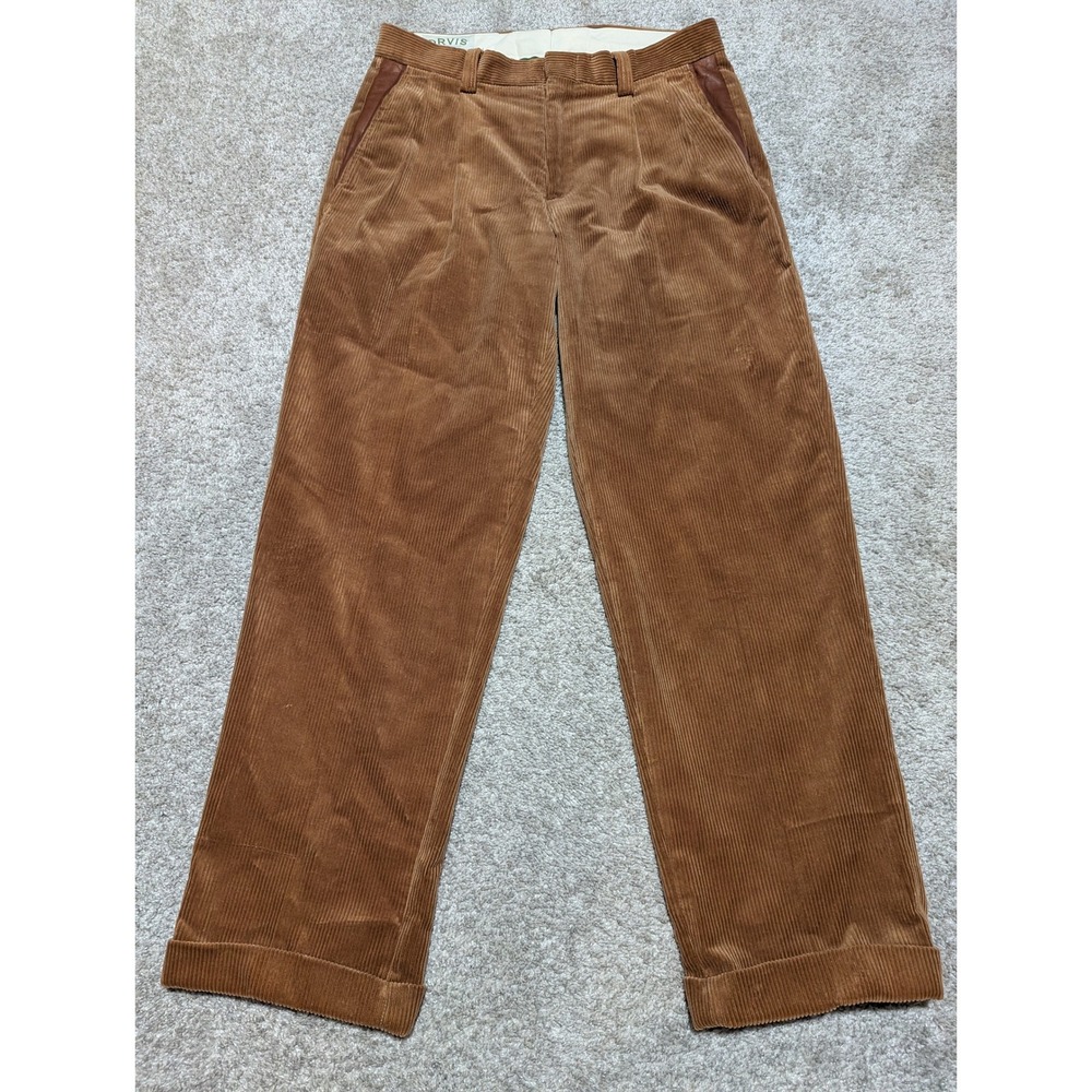 Orvis Corduroy Pants Mens 34 Brown Pleated Leather Trim Straight Leg Portugal